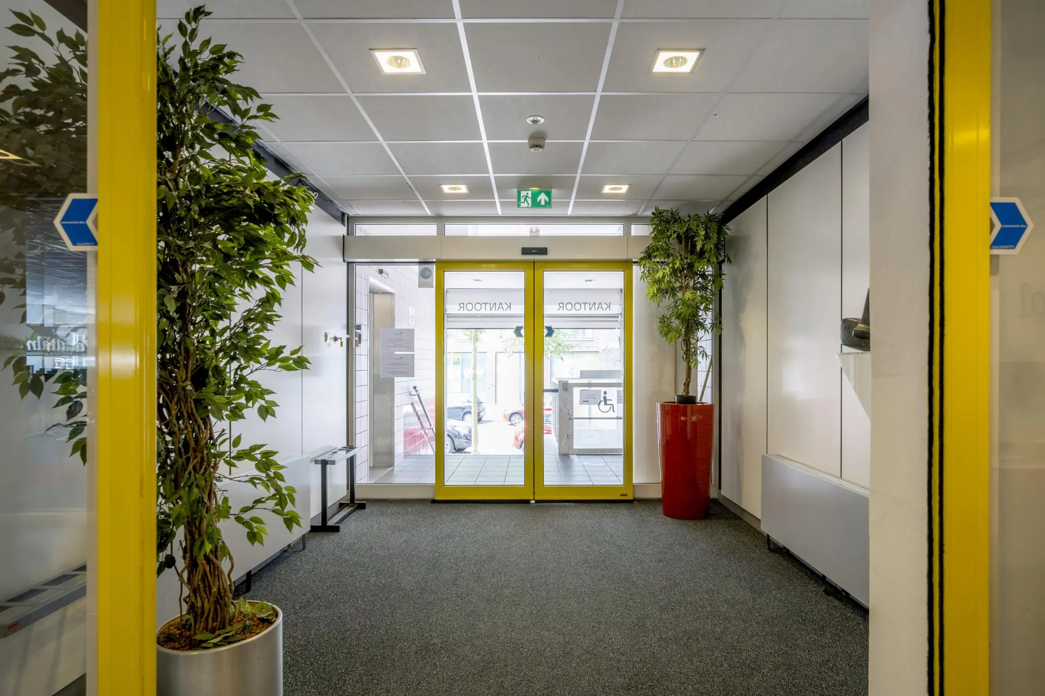 Hal met gele schuifdeuren, kamerplanten en uitzicht op de ingang van het kantoorgebouw aan de Jan Tooropstraat.